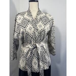 Madewell Cream Black Woven Kimono Jacket Tie Wrap Jacket M Cotton Blazer